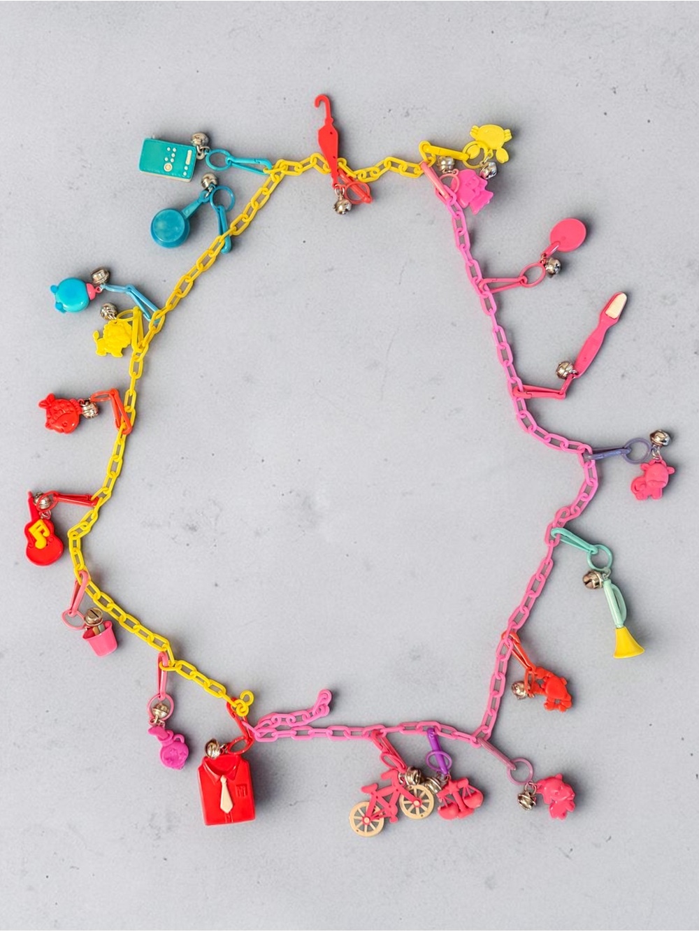 Retro Plastic Bell Clip On 80's CHARM NECKLACE 20 Charms